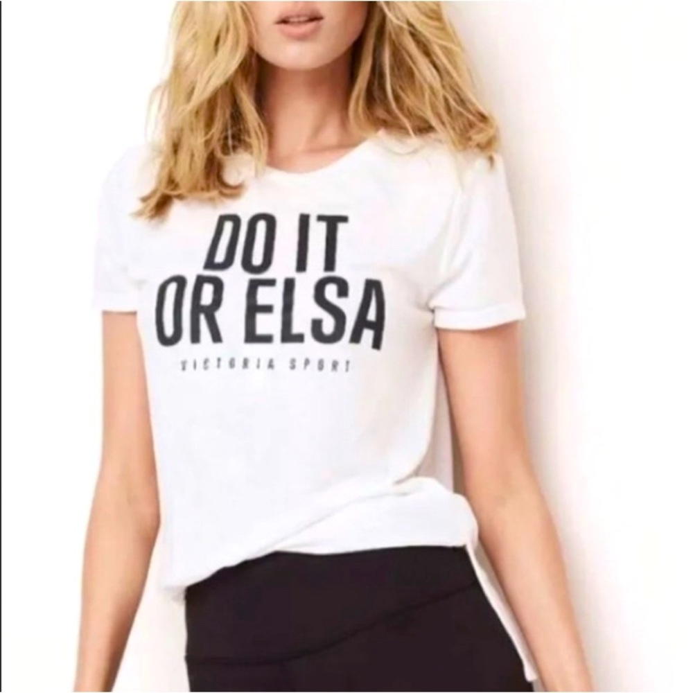 Victoria Secret Sport Logo Tee Do It Or Elsa White Black Athleisure Yoga XS